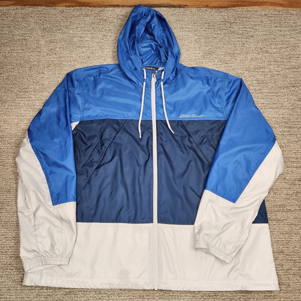 Eddie Bauer Windbreaker Jacket Mens XL Blue Navy Colorblock Zip Hooded Rain Coat